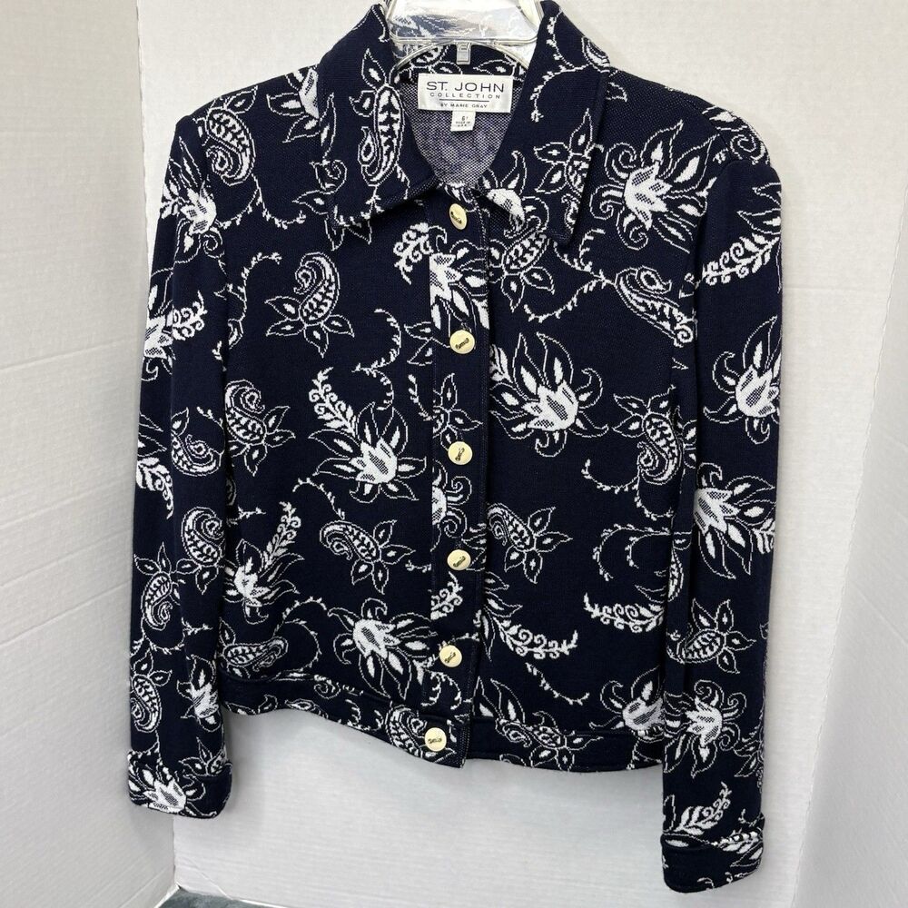St John Collection Marie Gray Woman Navy Blue & White Floral Tapestry Cardigan 6 - Picture 1 of 8